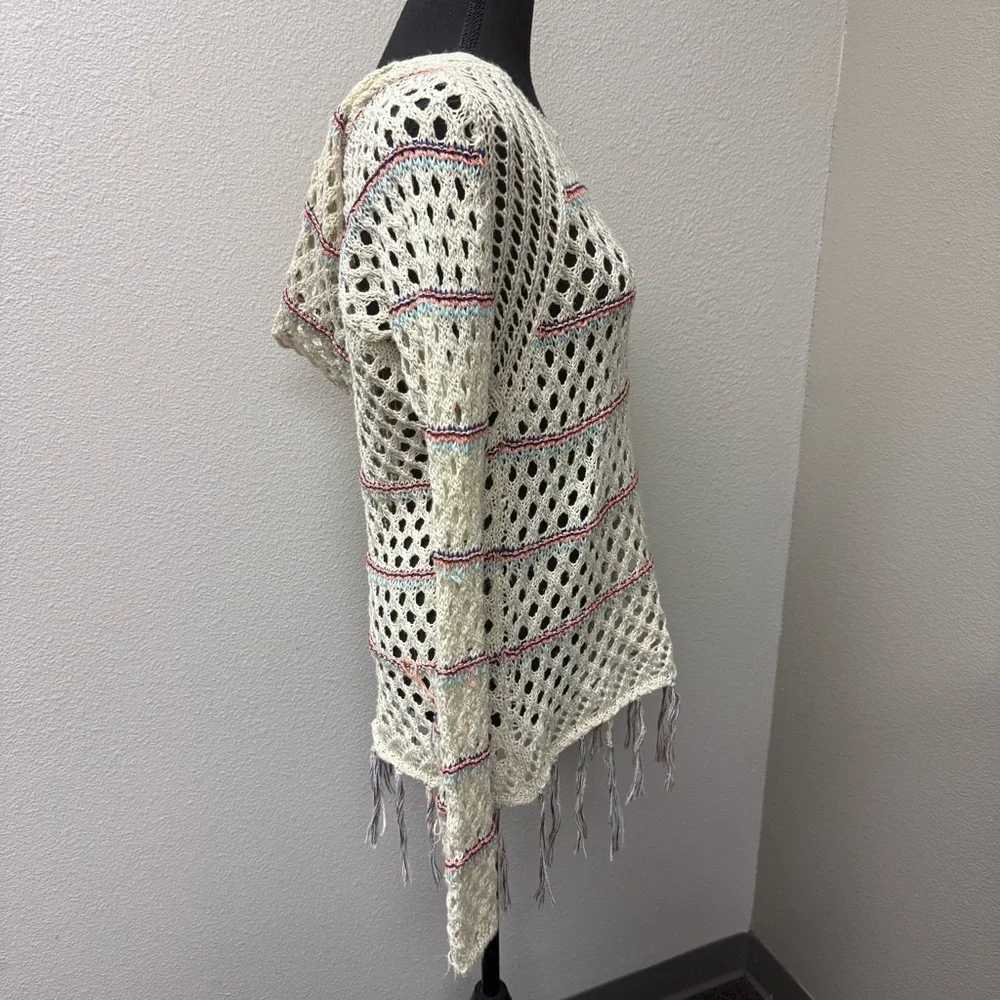 Poof! by Free People Open Knit Fringe Sweater Cream Boho Festival Beach Cover - Picture 7 of 10